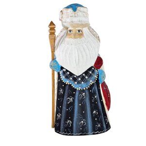 Vintage Russian Hand Painted Wood Santa Holding Staff Blue Folk Father Christmas